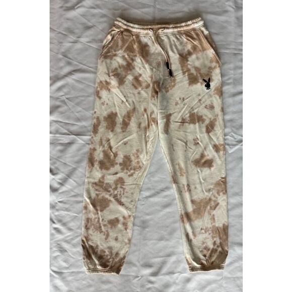 Playboy x Missguided Tie Dye Joggers Sweatpants Beige Tan Logo Loungewear - Picture 10 of 16
